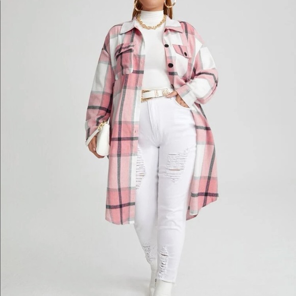 Plus Size Plaid Pocket Light Jacket Shacket Long Shirt Green BELT NOT INCLUDED - Picture 5 of 16